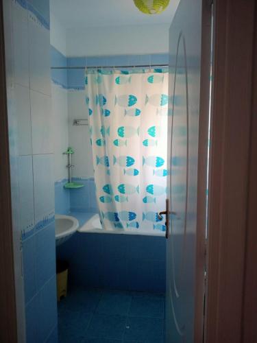 a bathroom with a tub and a shower curtain at nice apartment in Tunis