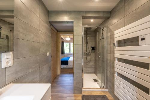 a bathroom with a walk in shower and a sink at Le Bord Du Nant in Arâches-la-Frasse