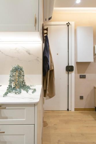 a kitchen with a white refrigerator and a door at Sagrada Familia Xamfrà in Barcelona