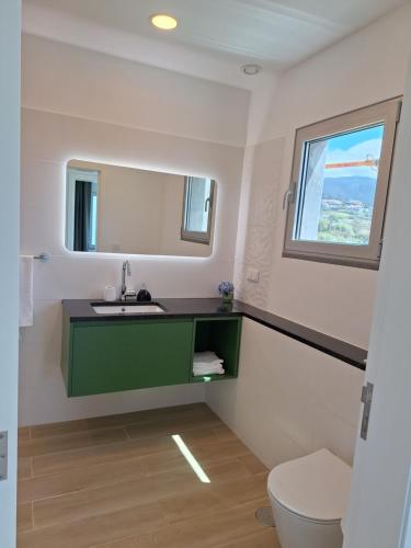 Un baño con lavabo, inodoro y ventana. en Quinta do Munot, en Raposeira do Logarinho