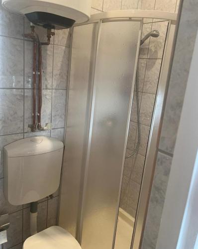 a bathroom with a shower with a toilet in it at R&M old town sibiu in Sibiu