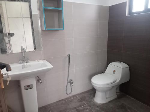 Un baño con un inodoro blanco y un lavabo. en Family Guest House Rooms For Rent, en Lahore