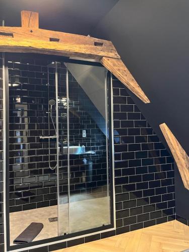 a bathroom with a glass shower in a black brick wall at Hotel Saint Georges in Mons