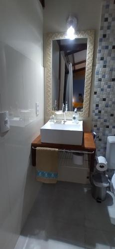 a bathroom with a large white sink and a mirror at Pousada Container Eco Manguinhos in Manguinhos