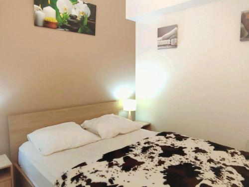 イゾラ 2000にあるBel Appartement Rénové au Pied des Pistes à Isola 2000 - FR-1-292-132の黒と白の毛布が掛けられたベッドのある寝室