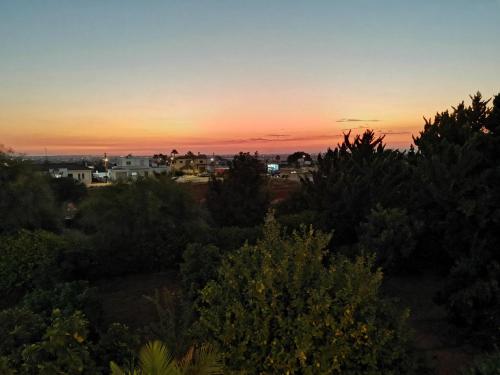 a sunset over a city with trees and houses at Orchard Blossom Private Villa With Pool in Phrenaros