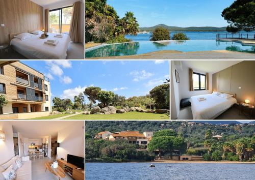 Un collage de fotos de un hotel y un resort. en U Bellu Paradisu - T3 vue mer, piscine, plage privé, en Pianottoli-Caldarello