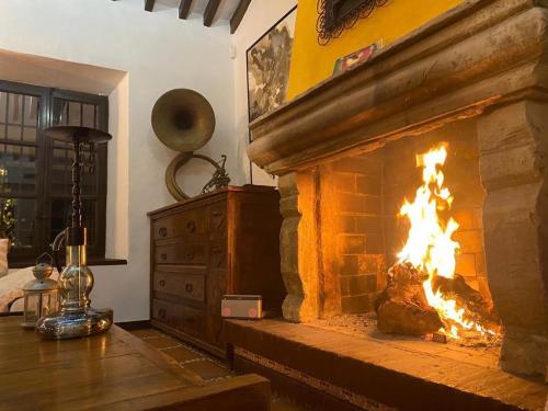 a fireplace in a living room with fire in it at Cortijo Boutique Marbella in Marbella