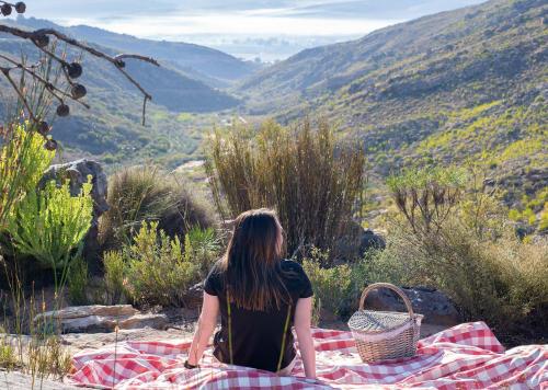 a woman sitting on a picnic blanket looking at a valley at Piekenierskloof Mountain Resort by Dream Resorts in Citrusdal