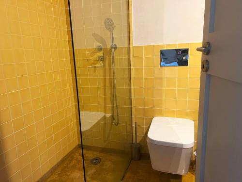 ein gelb gefliestes Bad mit einem WC und einer Dusche in der Unterkunft Estúdio 24 na Boavista, JAMBA House in Porto
