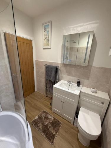 a bathroom with a toilet and a sink at Wallnook Cottage Luxury Yorkshire Escape in Lindley