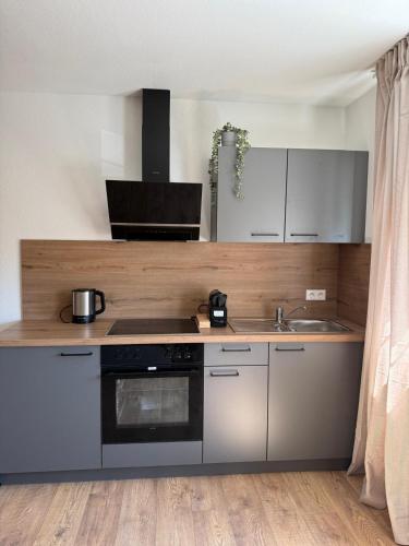 a kitchen with a stove and a sink at Hotel weisses Lamm in Bruchsal