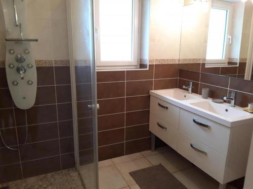 un bagno con lavandino e doccia di Gite de la teoulere a Bas-Mauco