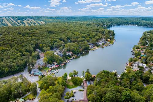 an aerial view of a town on the river at Lake Harmony Getaway in Lake Harmony