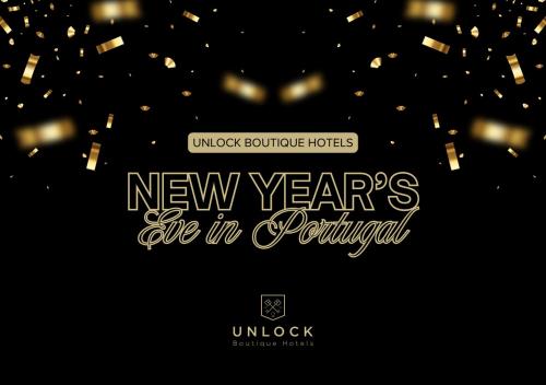 a new years eve poster with gold confetti at Central Monchique Hotel - Villa Termal Spa Resort - by Unlock Hotels in Monchique