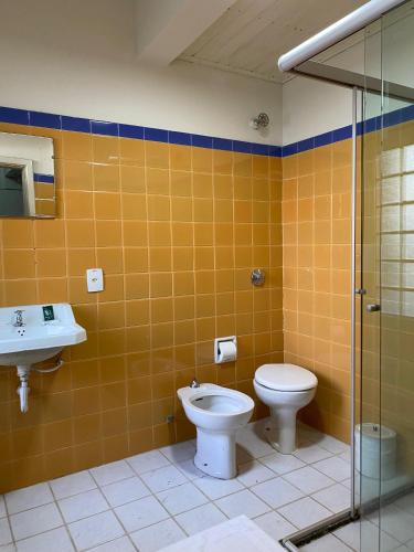 a bathroom with a toilet and a sink at Hotel Ponta Grossa São Marcos in Ponta Grossa