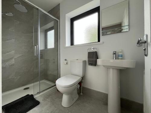 ein Badezimmer mit Toilette, Waschbecken und Dusche in der Unterkunft Sunberry 2 Bright Modern Entire Home, Headford in Headford
