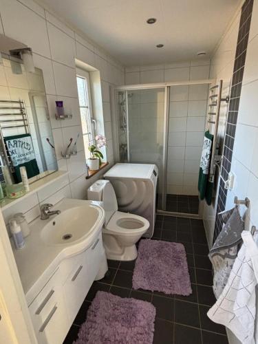 a bathroom with a toilet and a sink and a tub at Stunning lakeside home with sauna surrounded by nature in Sandared
