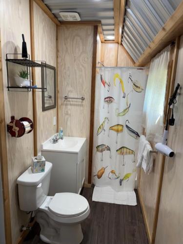 a bathroom with a toilet and a shower curtain at Trails , Tails , and Scales Cabin 2 in Burkeville