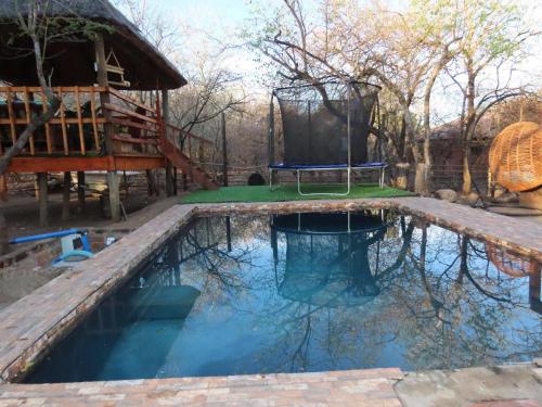 a swimming pool with a swing and a tree house at Unique Kruger Hide in Marloth Park