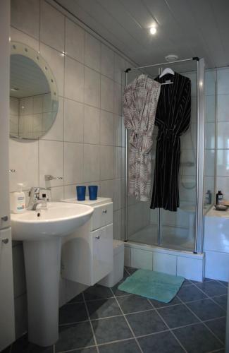 a bathroom with a sink and a shower at De Rozenhof in Groningen
