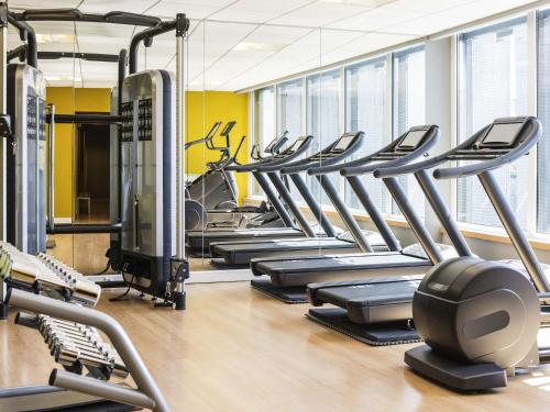 a gym with rows of treadmills and elliptical machines at Novotel Mechelen Centrum in Mechelen