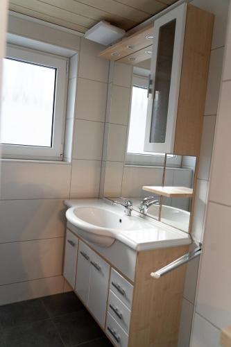 a bathroom with a sink and a mirror at Studio 17 FeWo Schwaigern in Schwaigern
