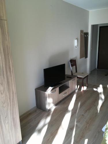 una sala de estar con TV de pantalla plana en un armario en Park View Studios, en Sandanski