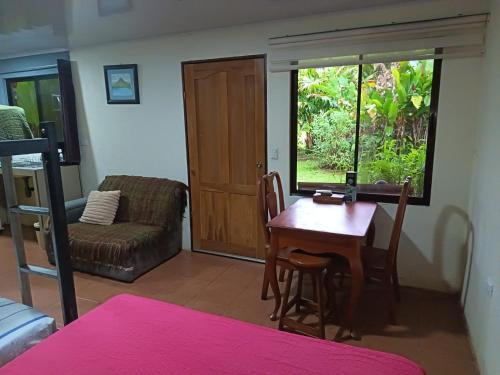 a living room with a table and a chair at Apartment-Pura Vida-wi-fi-6 people, AC- parking-river-garden in Fortuna
