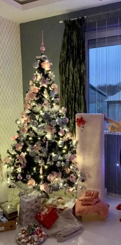 a christmas tree with presents under it in a room at Luxury Villa with Pool close to the Hungaroring in Kerepes