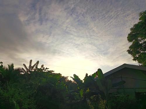 a sunset in the sky with plants and a building at Apartment-Pura Vida-wi-fi-6 people, AC- parking-river-garden in Fortuna
