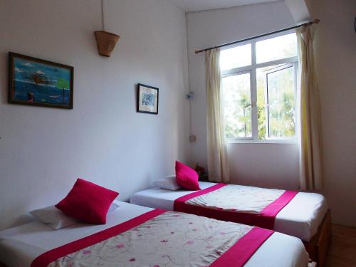 two beds in a room with a window at Le Macoua Guest House in Nouvelle Découverte