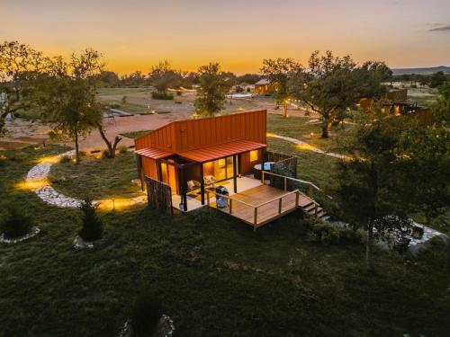 an overhead view of a tiny house in a field at The Martinsburg in Stonewall