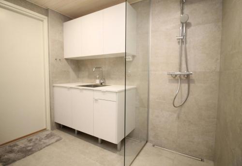 a bathroom with a sink and a shower at Spacious Apartment for 2 with Sauna in V in Iso-Heikkilä
