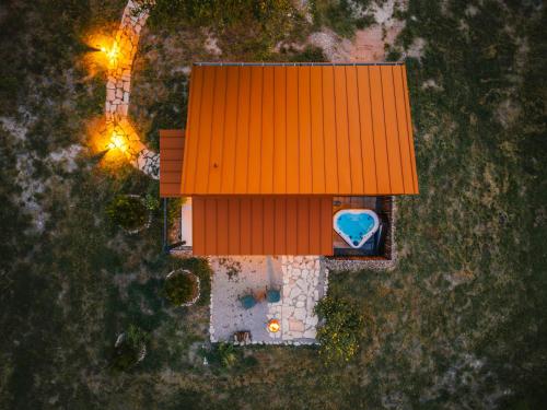 an overhead view of a building with an orange roof at The Martinsburg in Stonewall