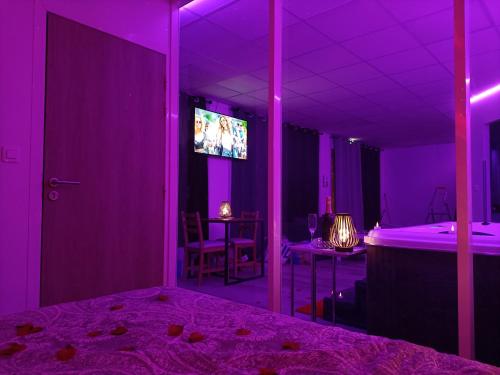 a purple room with a bed and a tv at CocoonSpa Love Room Jacuzzi Privatif in Toulouse