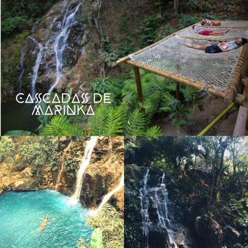 a collage of three pictures of a waterfall at Cabaña de lujo en la montaña in Santa Marta