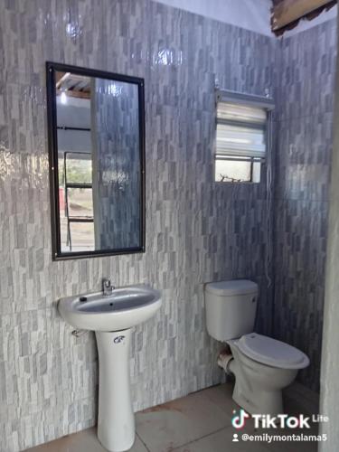 a bathroom with a sink and a toilet and a mirror at Reaneo in Mogwase