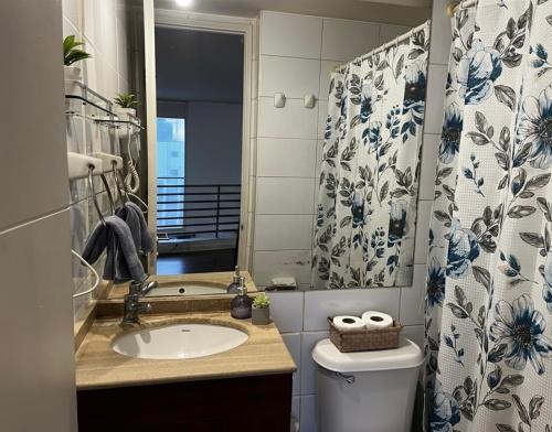 a bathroom with a sink and a toilet and a mirror at Departamento Familiar en el centro in Santiago