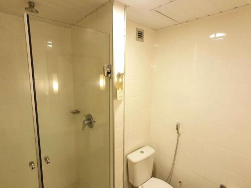 a bathroom with a shower and a white toilet at ibis Manaus Distrito Industrial in Manaus