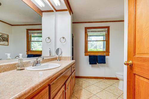 a bathroom with a sink and a toilet at Hyco Lake Escape with Deck and Dock Families Welcome! in Semora