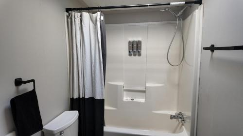 a white bathroom with a shower and a toilet at Faith short term rental in Romulus