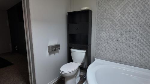 a bathroom with a toilet and a bath tub at Faith short term rental in Romulus