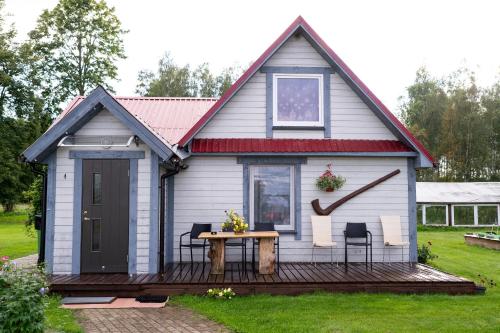 ein winziges Haus mit einem Tisch und Stühlen im Hof in der Unterkunft Kodavere puhkemaja 1 in Vihtra