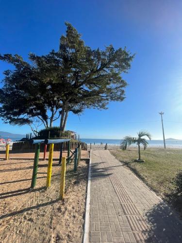 a tree on the beach next to a sidewalk at Residencial Nicole in Florianópolis