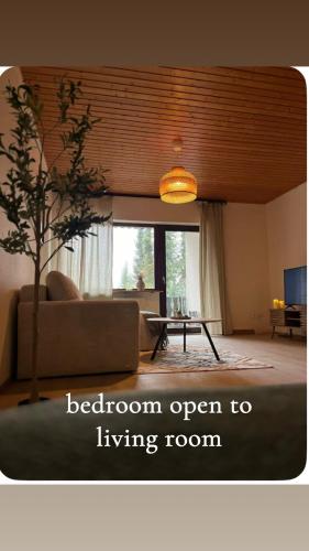 a living room with a brown open to living room at Appartement 32 in Triberg