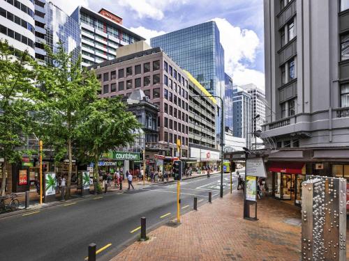 a street in a city with tall buildings at Novotel Wellington in Wellington