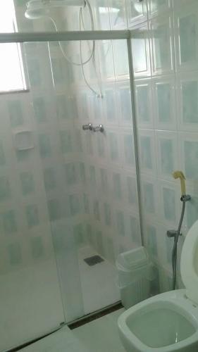 a white bathroom with a shower and a toilet at Solar Hotel in São Fidélis
