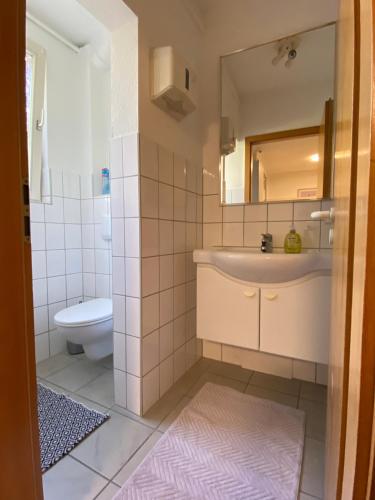 a bathroom with a sink and a toilet at Apartment Q im Zentrum von Königsbronn in Königsbronn