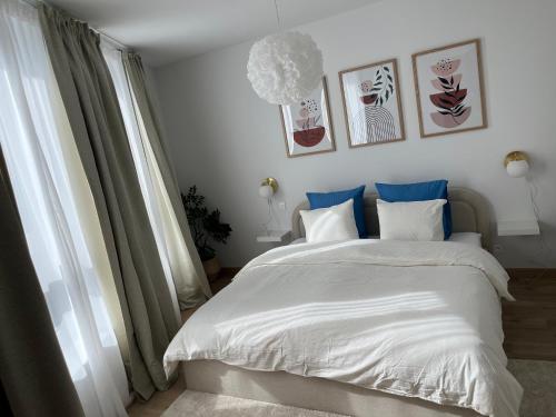 a bedroom with a large white bed with blue pillows at Appart lumineux avec terrasse au cœur de Liège in Mellet